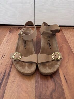 Papillio Women's Tan Leather Ankle Strap Sandals with Gold Buckles